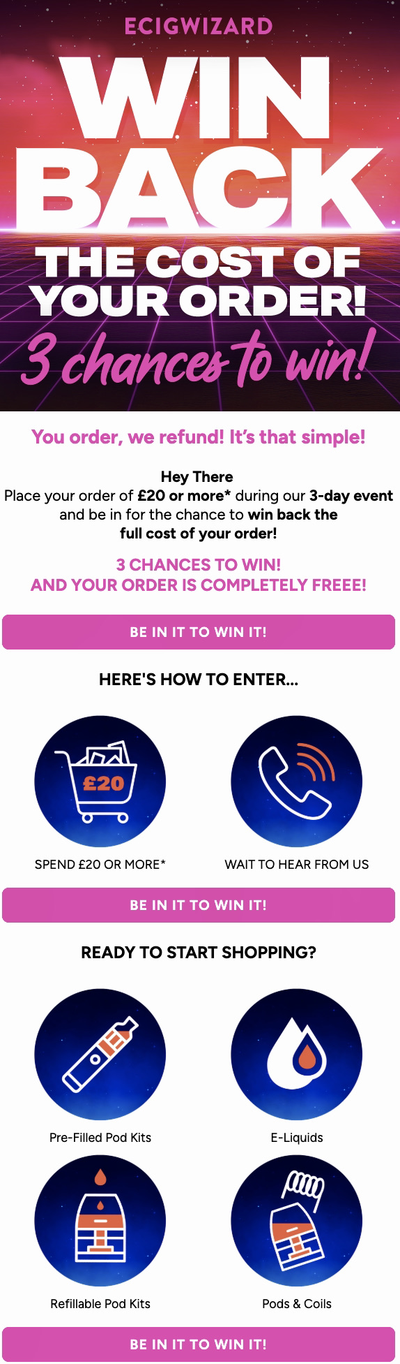 Lunar New Year marketing: A colorful promotional graphic for ECIGWIZARD offering a chance to win back the cost of your order. Steps include spending £20 or more, leaving a review, and key prize details, with icons for e-liquids and vape products.