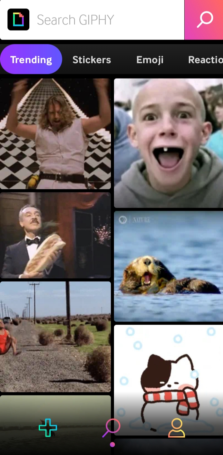 How to add GIF to text: A screenshot of the GIPHY app shows trending GIFs, including a dancing man, an excited boy, a man holding bread, an otter in water, a person walking on a rural road, and a cartoon cat with a scarf.