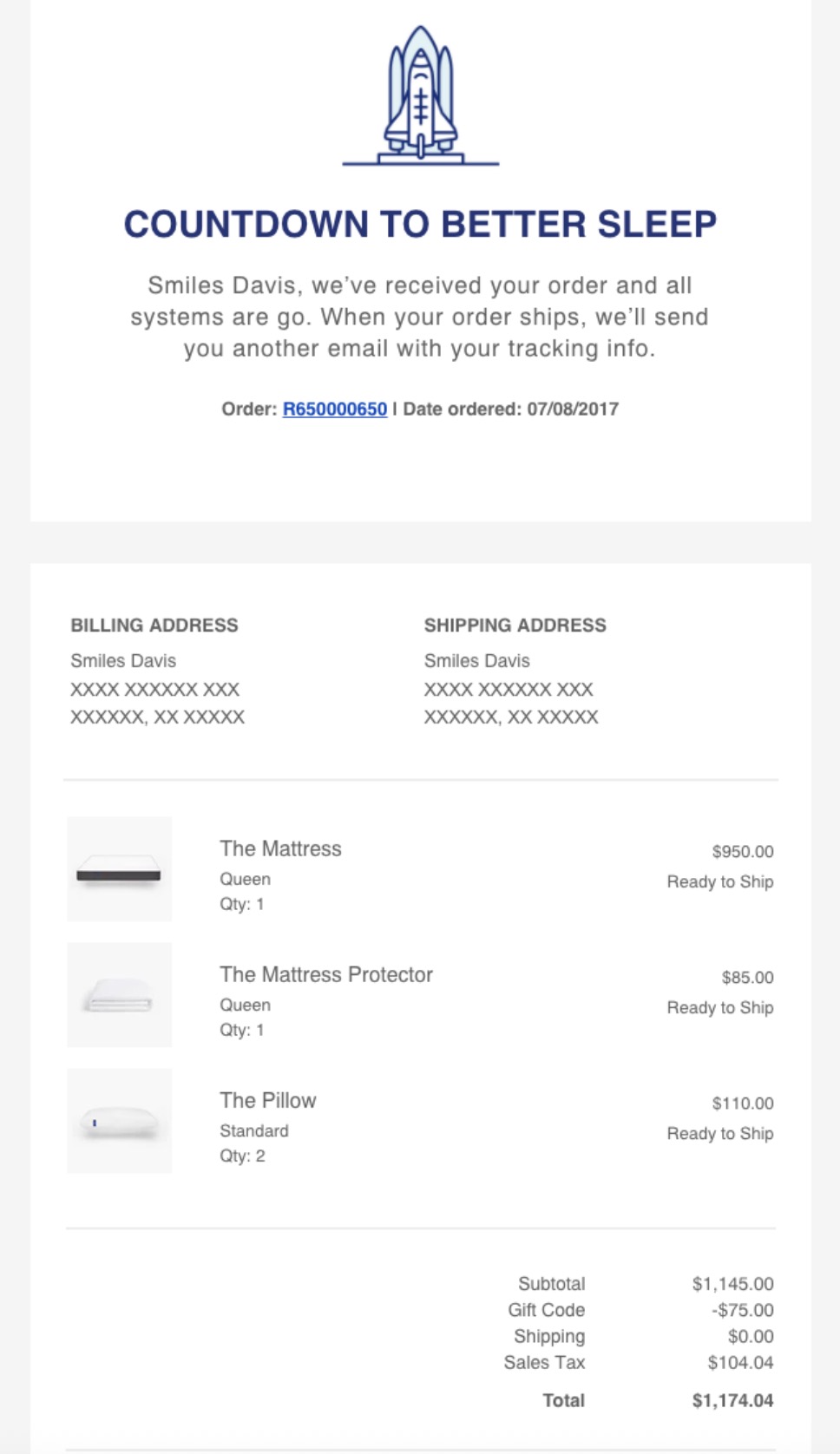 Thank you email templates: Order confirmation email for Smiles Davis from a mattress company. It lists billing/shipping info, order number, date, and images/names of purchased items: mattress, mattress protector, and pillow, with prices and total.