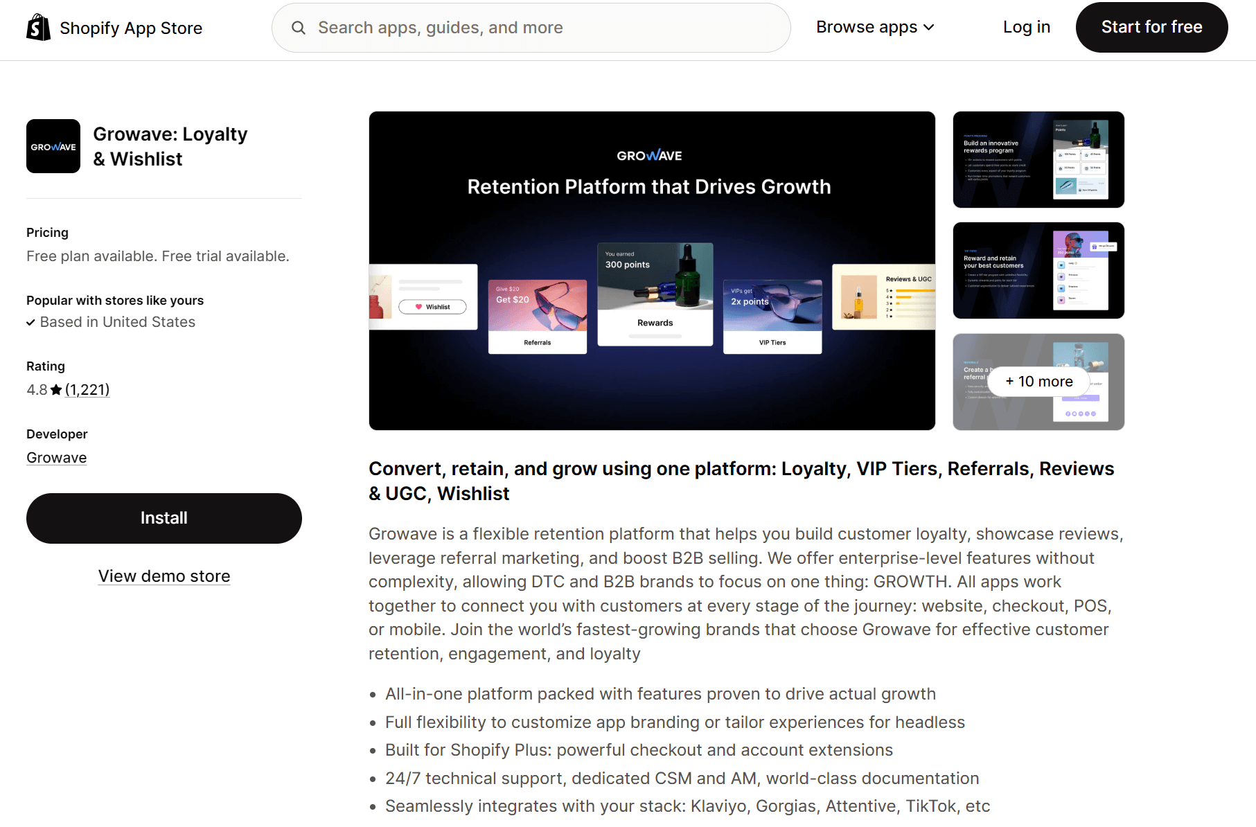 Shopify reviews alternatives: Screenshot of the Growave app page on Shopify App Store, showing its name, description, features, pricing, rating, and an “Install” button. The central banner highlights Growave as a retention platform that drives growth.