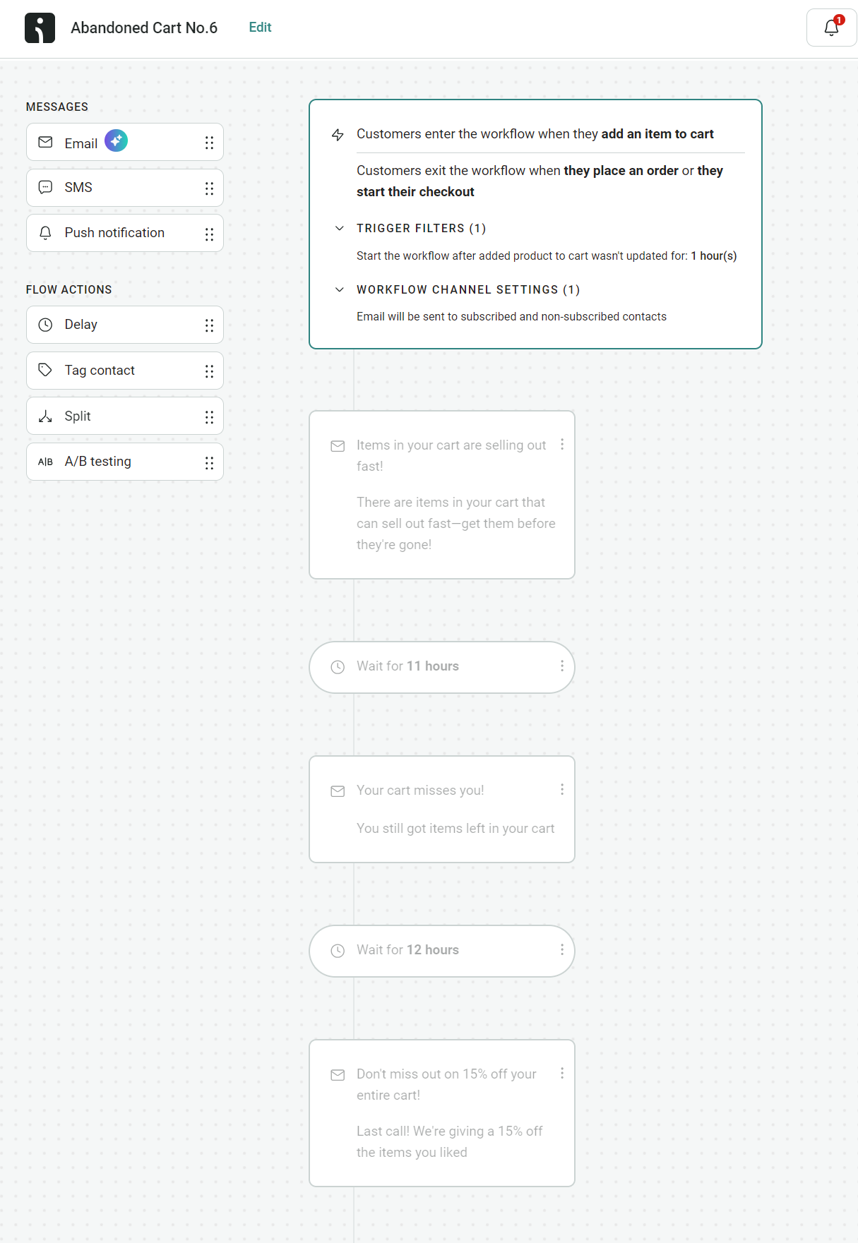 Shopify store maintenance: A workflow automation screen for an abandoned cart email sequence. Steps include email triggers when items are added to a cart, followed by timed delay messages and promotional reminders to complete the purchase.
