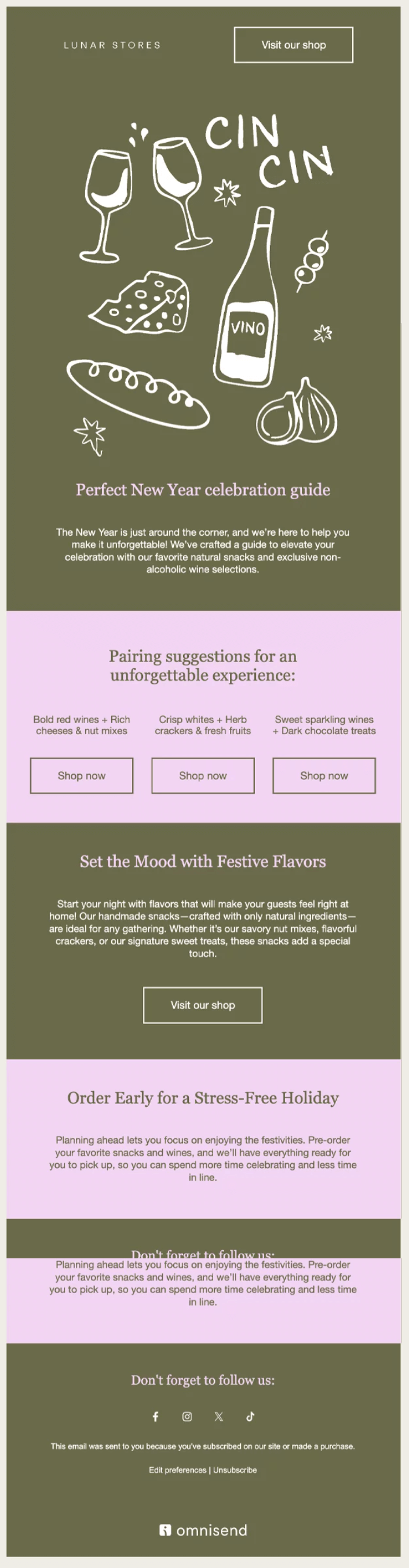 Lunar New Year marketing: A festive email design featuring illustrations of wine glasses, a wine bottle, cheese, and garlic, with sections for celebration tips, wine pairing suggestions, festive flavors, and early ordering for the New Year.