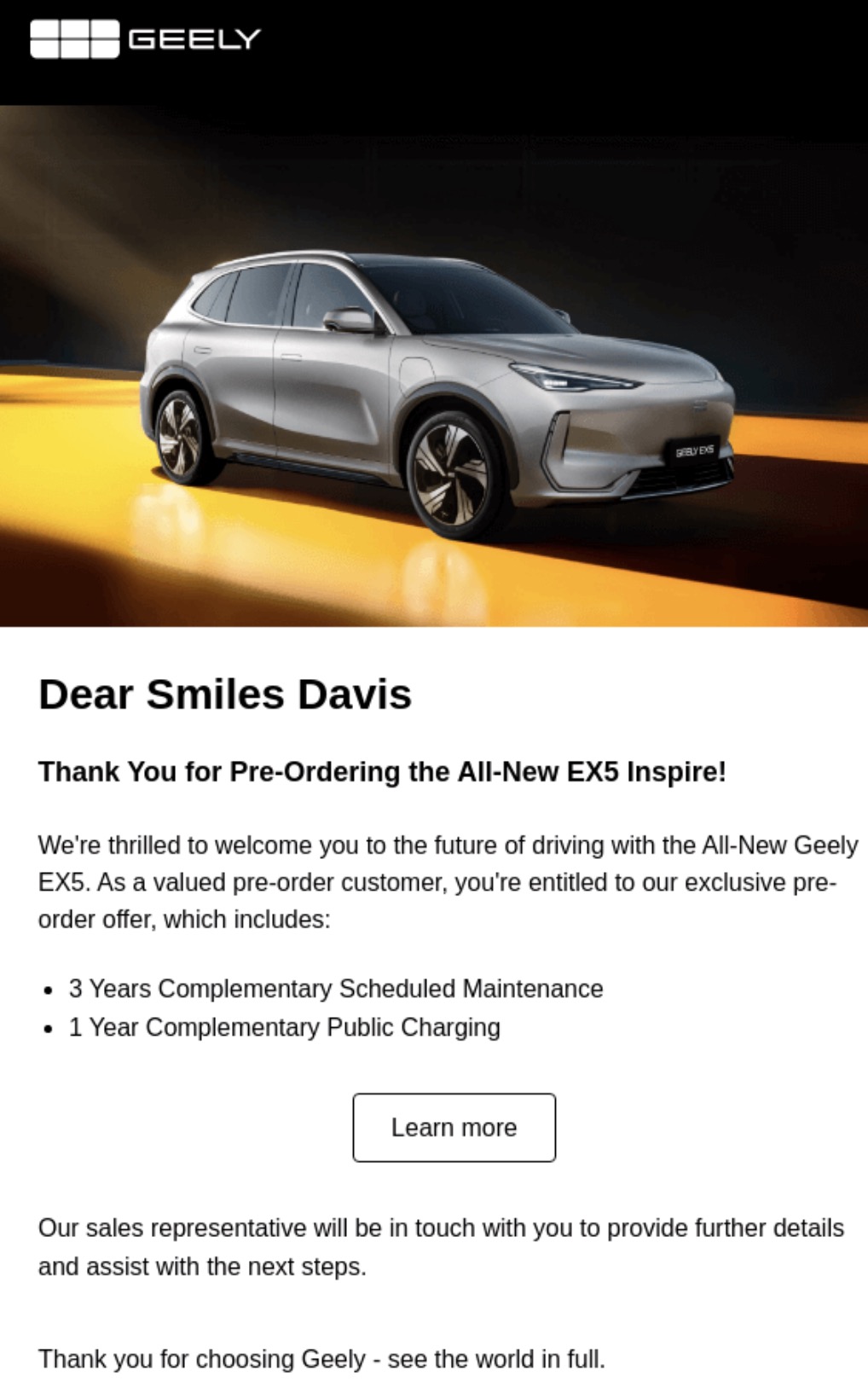 Thank you email templates: A promotional email from Geely thanking Smiles Davis for pre-ordering the All-New EX5 Inspire, featuring an image of a silver SUV with the offer of maintenance and charging benefits.