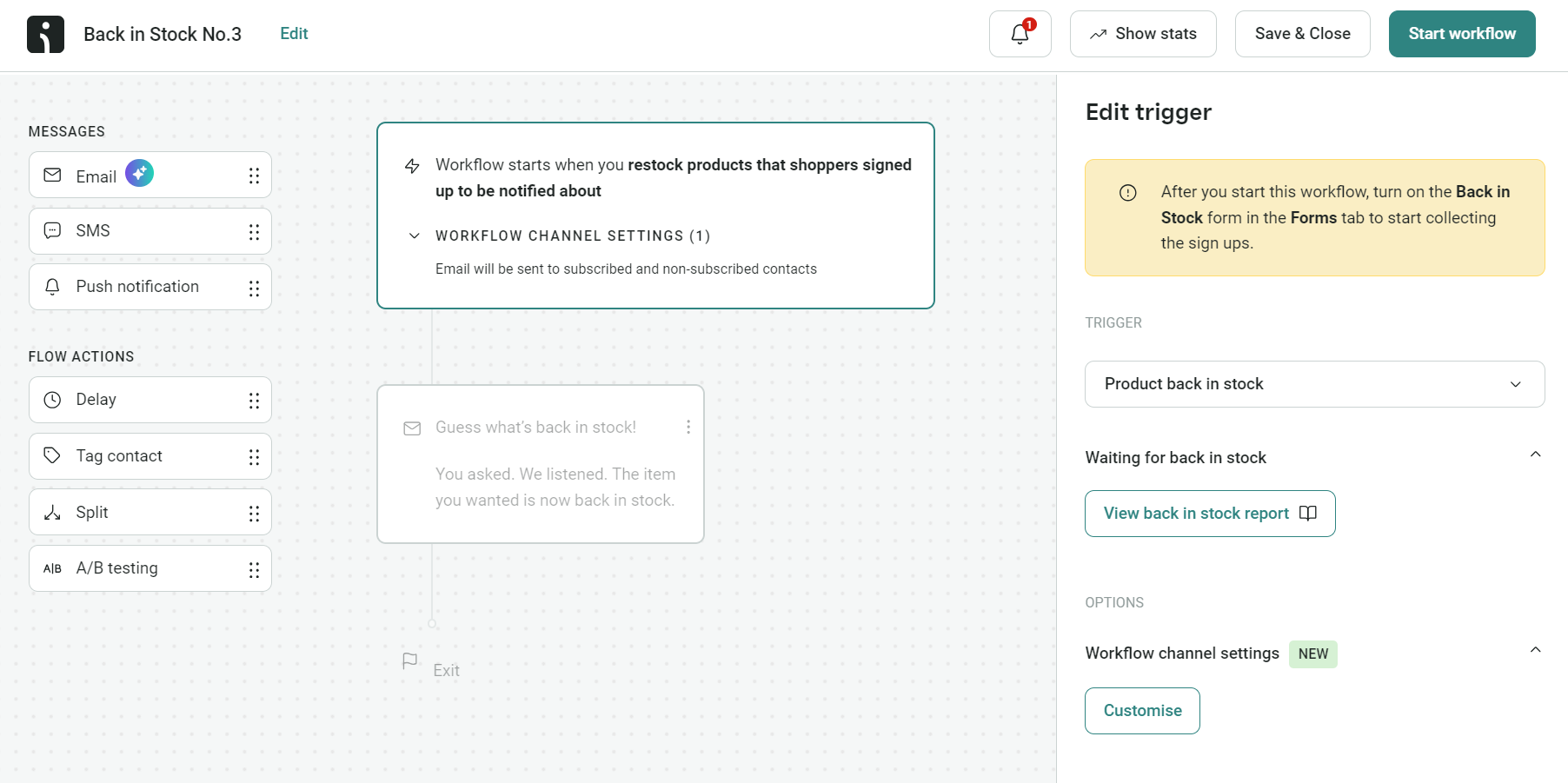 Customer service email: A workflow automation dashboard shows a Back In Stock email notification setup, with options for messages, delays, triggers, and a panel to edit triggers and view stock reports on the right side of the screen.