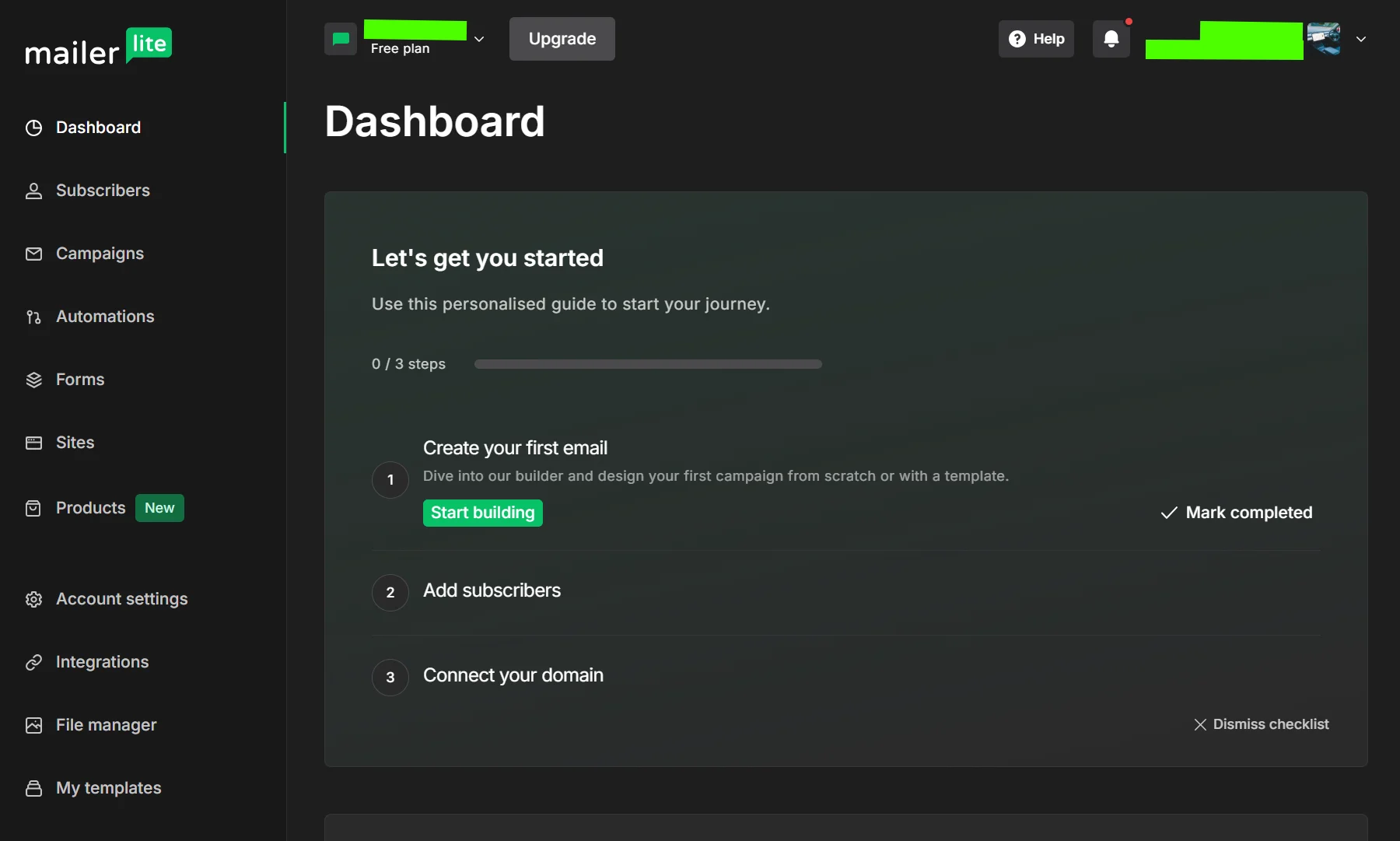 Omnisend vs MailerLite: MailerLite dashboard screen showing a three-step setup guide: create your first email, add subscribers, and connect your domain. The Start building button is highlighted, and navigation options are on the left sidebar.