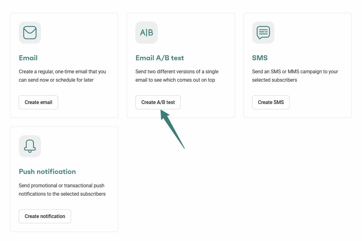 Lunar New Year marketing: A user interface showing options to create an Email, Email A/B test, SMS, or Push notification. An arrow points to the Create A/B test button in the Email A/B test section.