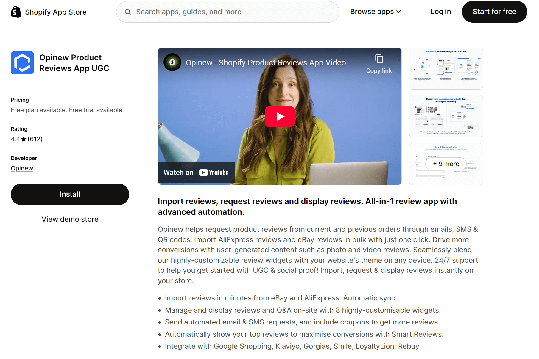 Shopify reviews alternatives: A woman with long brown hair wearing a red top sits at a desk with a laptop in front of her. Behind her is a blurred blue background with a plant. The Shopify app page displays details for the Opinew Product Reviews App UGC.