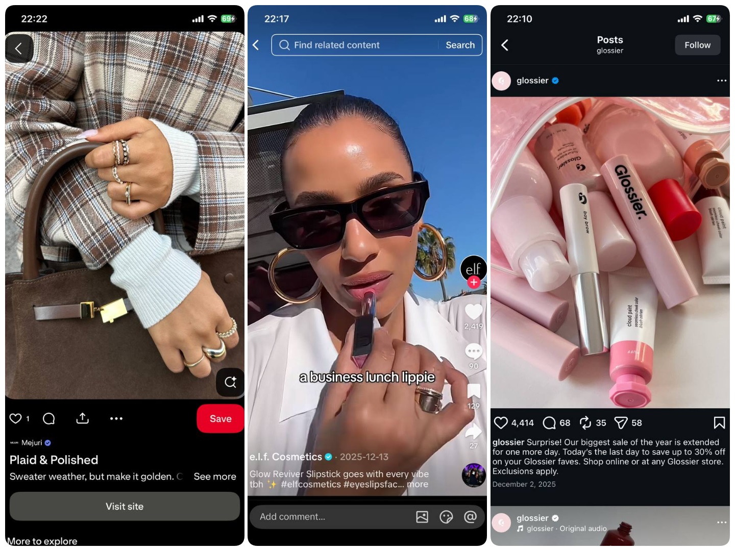 Customer acquisition strategies: Three smartphone screens show social media posts: the first displays a hand with gold rings, the second shows a woman applying lipstick, and the third features a flat lay of Glossier beauty products on a white background.