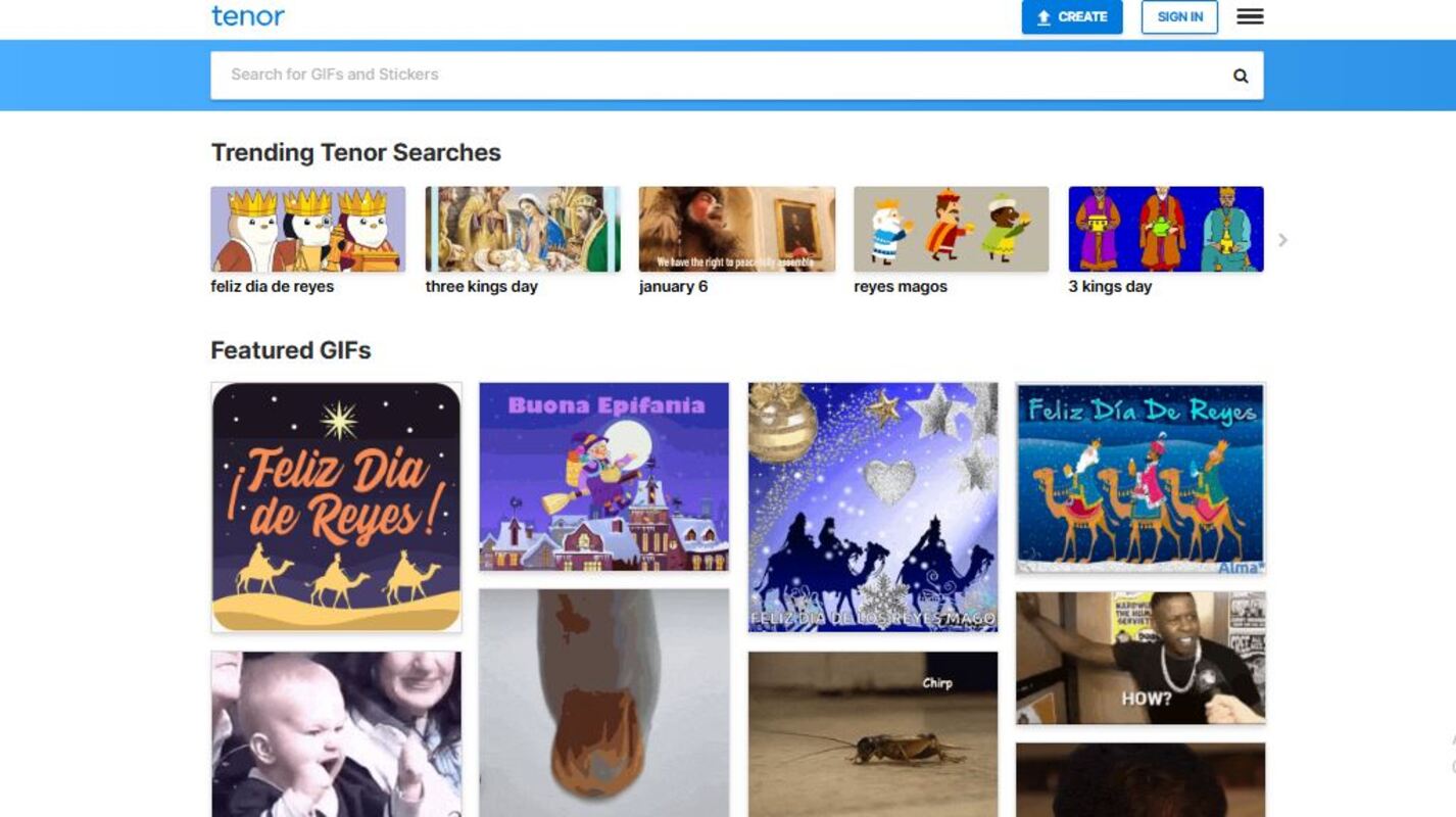 How to add GIF to text: Screenshot of the Tenor website showing trending searches and featured GIFs related to “Día de Reyes,” including images of kings, celebrations, and festive scenes in bright, colorful thumbnails.