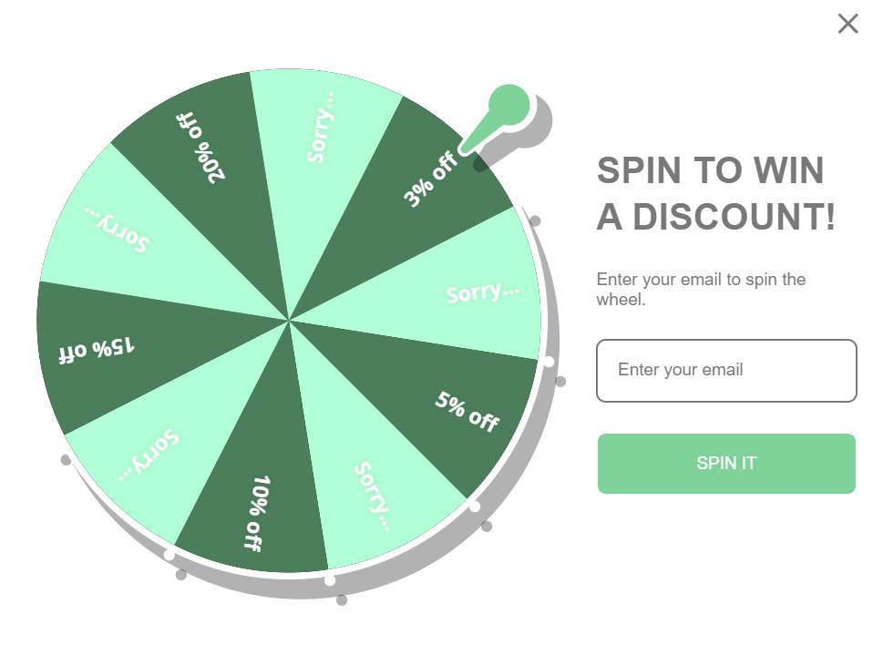 Side hustle ideas: A green and white prize wheel with discount offers and Sorry sections. A box prompts users to enter their email to spin the wheel for a chance to win a discount. A green SPIN IT button is visible.