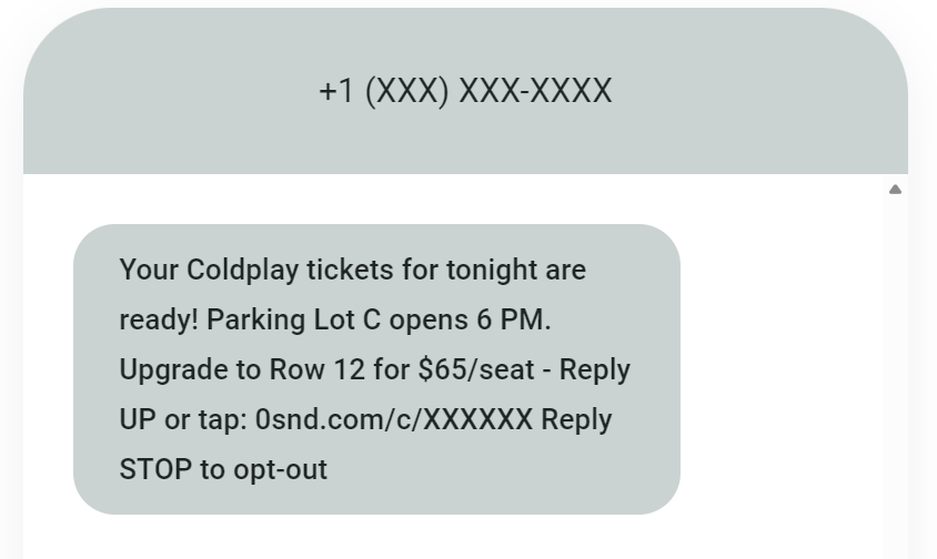 Automated text messages: A text message offers Coldplay tickets for tonight, with parking Lot C opening at 6 PM. Row 12 upgrades are $65 per seat via a link or by replying UP. STOP opts out. Phone number is partially hidden.