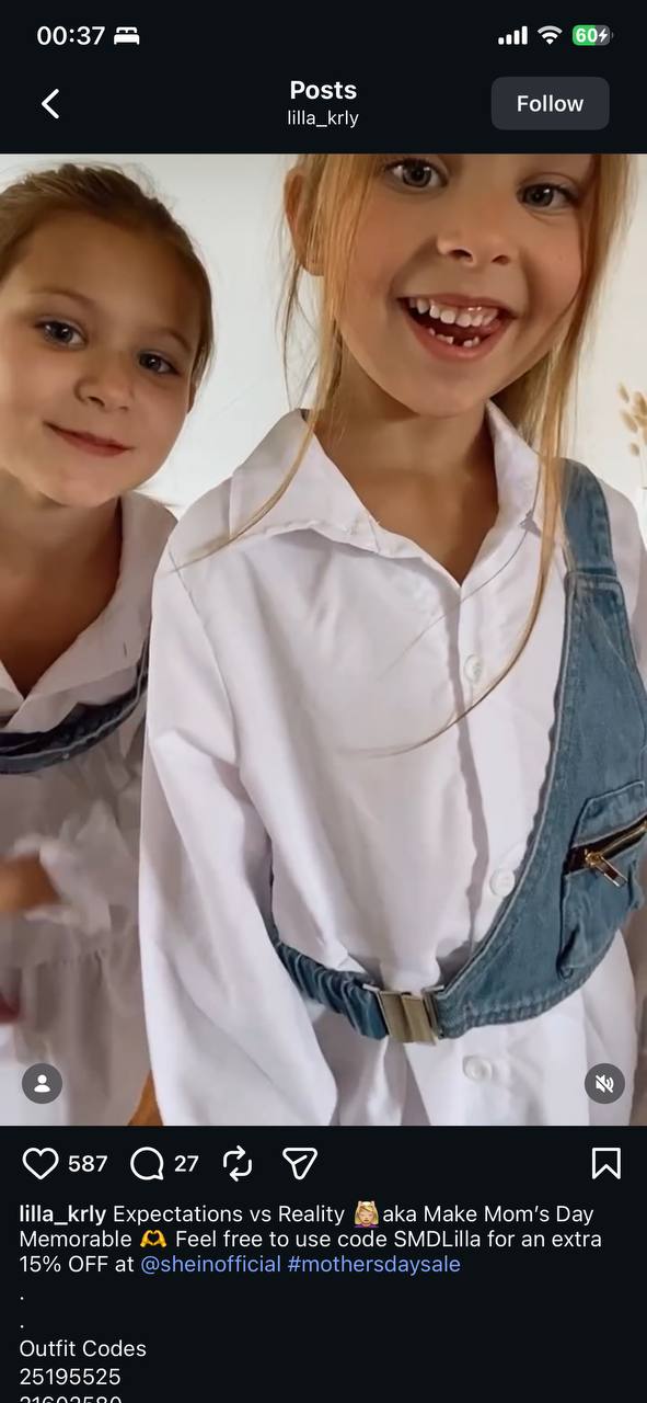 Customer acquisition strategies: Two young girls smile at the camera. One wears a white shirt with a denim overall strap and the other wears a white blouse. The Instagram post promotes a Mother’s Day sale with a discount code in the caption.