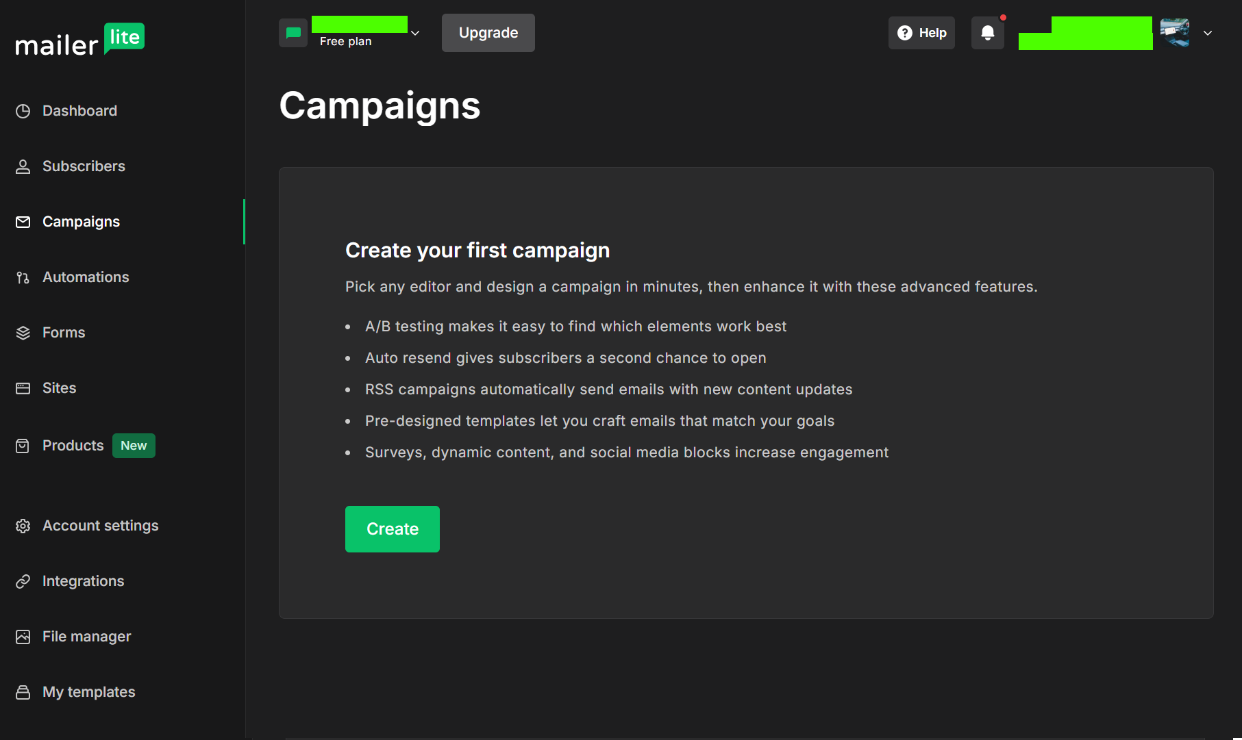 Omnisend vs MailerLite: Screenshot of MailerLites Campaigns page. A dark theme interface displays a prompt to create a first email campaign, listing features like A/B testing and RSS campaigns, with a green Create button below the text.