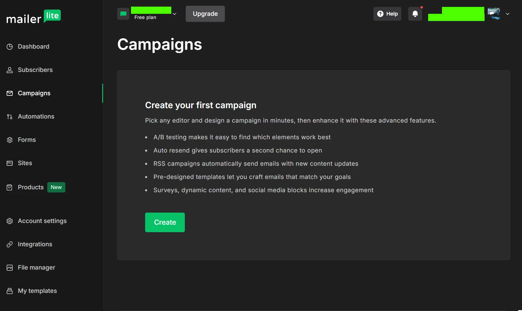 Omnisend vs MailerLite: Screenshot of MailerLites Campaigns page. A dark theme interface displays a prompt to create a first email campaign, listing features like A/B testing and RSS campaigns, with a green Create button below the text.
