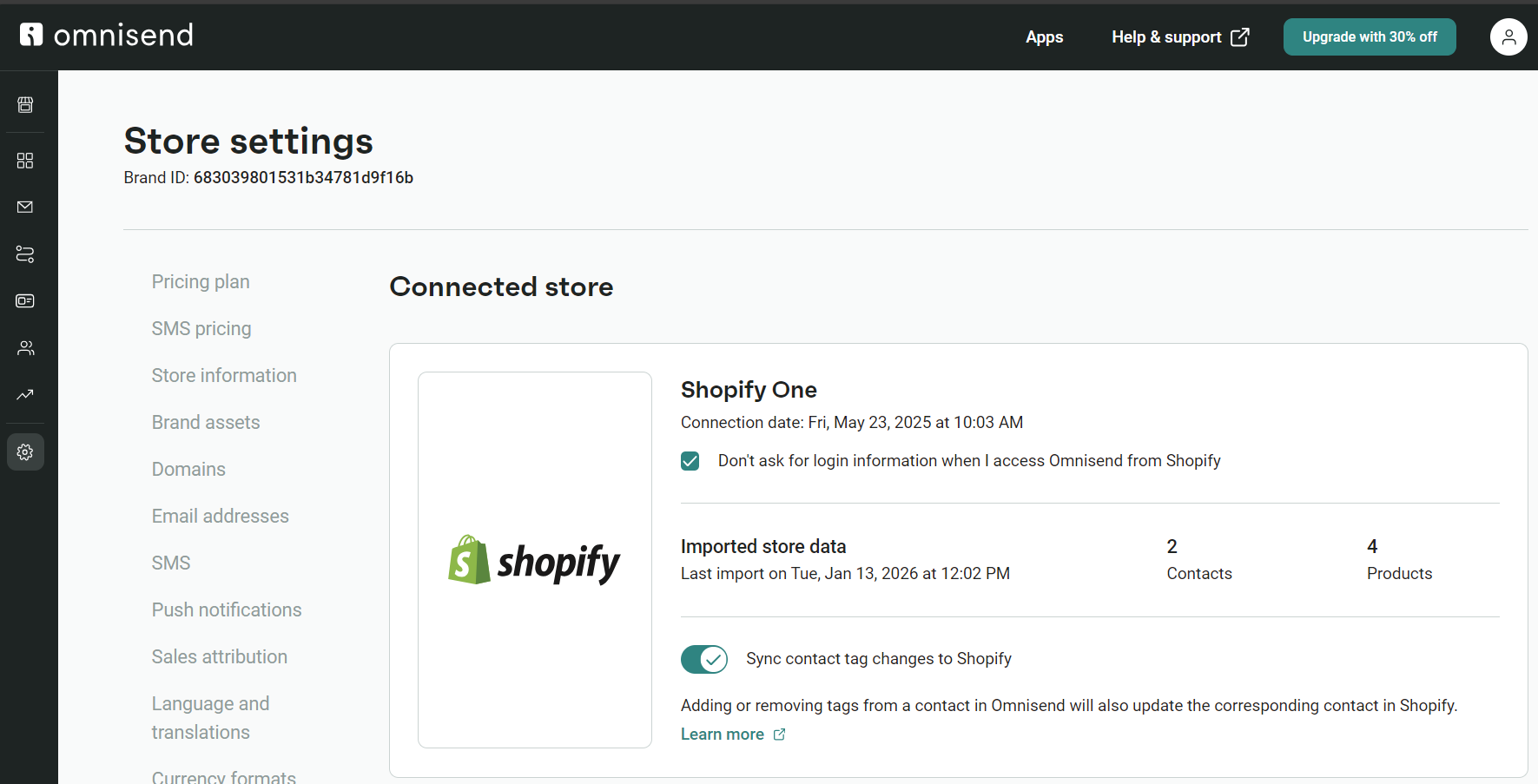 Shopify store maintenance: A screenshot of the Omnisend Store settings page shows a connected Shopify store named Shopify One, with import details, contact and product numbers, and options for syncing contact tags to changes on Shopify.