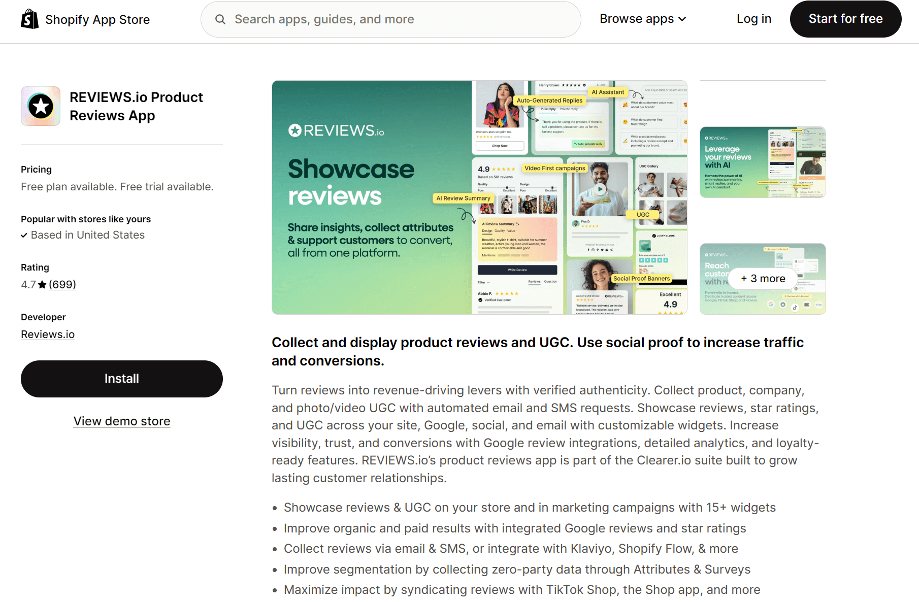 Shopify reviews alternatives: A Shopify App Store page for REVIEWS.io Product Reviews App features a green banner with review images, app ratings, pricing details, an “Add app” button, and a description highlighting features like UGC, SMS reviews, and integrations.