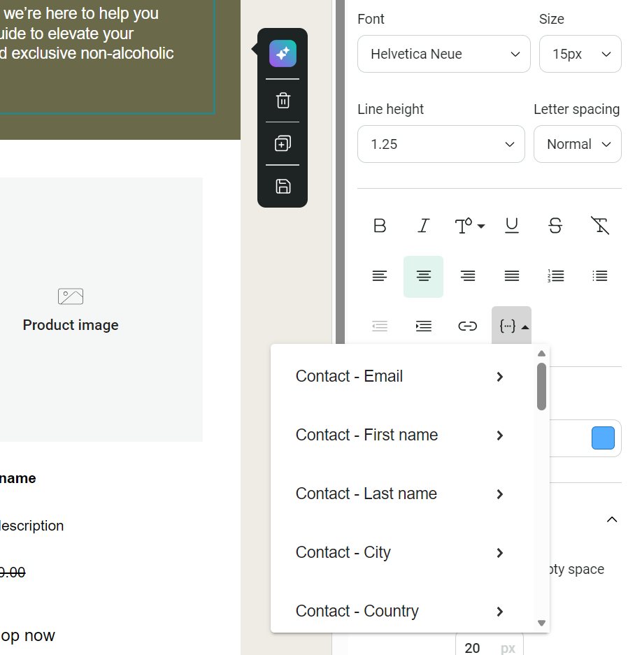 Side hustle ideas: Screenshot of a website editor with form customization options on the right, including fields for email, first name, city, and country. The left side shows a placeholder for a product image and navigation elements.