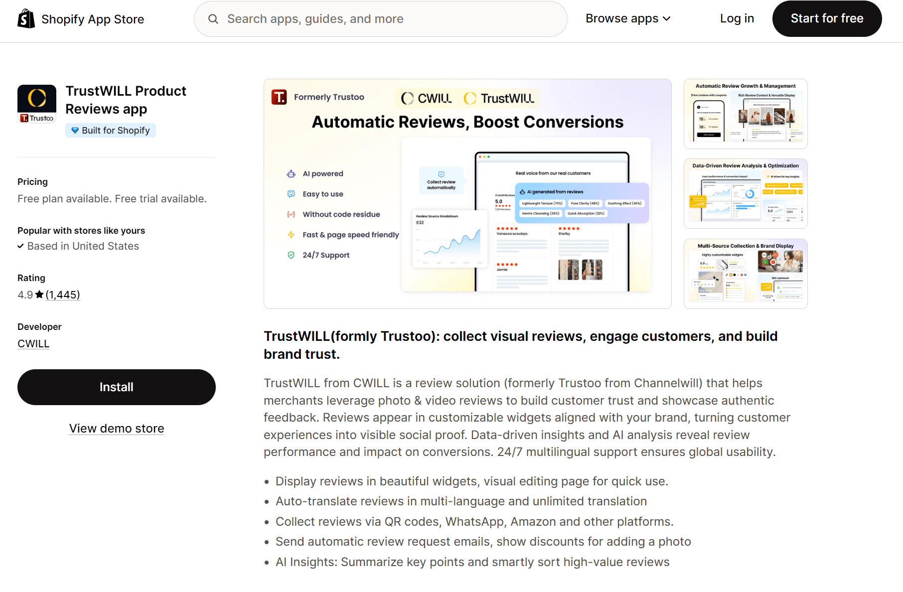 Shopify reviews alternatives: Screenshot of the TrustWILL Product Reviews app page on the Shopify App Store, showing app details, screenshots, features like automatic reviews and global support, and an “Install” button on the left.