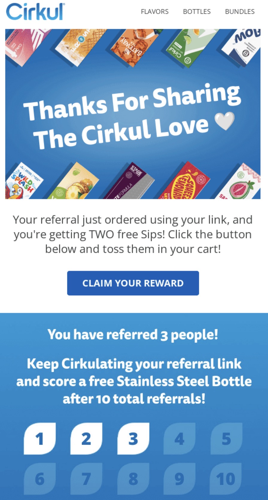 Thank you email templates: A Cirkul promotion page offering free Sips for first orders using a referral link and a free stainless steel bottle after 10 referrals. There are images of flavored drink packages and a rewards progress tracker.