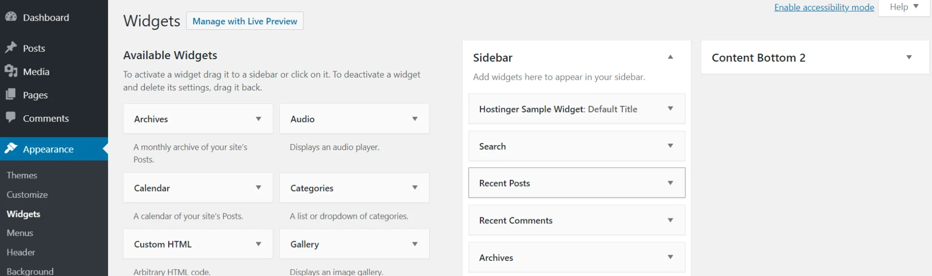 How to create a contact form in WordPress: A WordPress admin dashboard shows the Widgets page. Available widgets like Archives, Audio, Calendar, and Gallery are listed on the left. Sidebar and Content Bottom 2 widget areas are on the right.