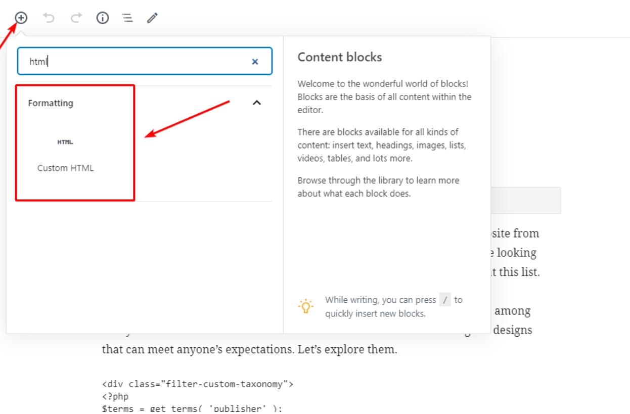 How to create a contact form in WordPress: A screenshot of the WordPress block editor shows the user searching for html and selecting the Custom HTML block from the search results, highlighted with red boxes and arrows. An information panel about content blocks appears on the right.