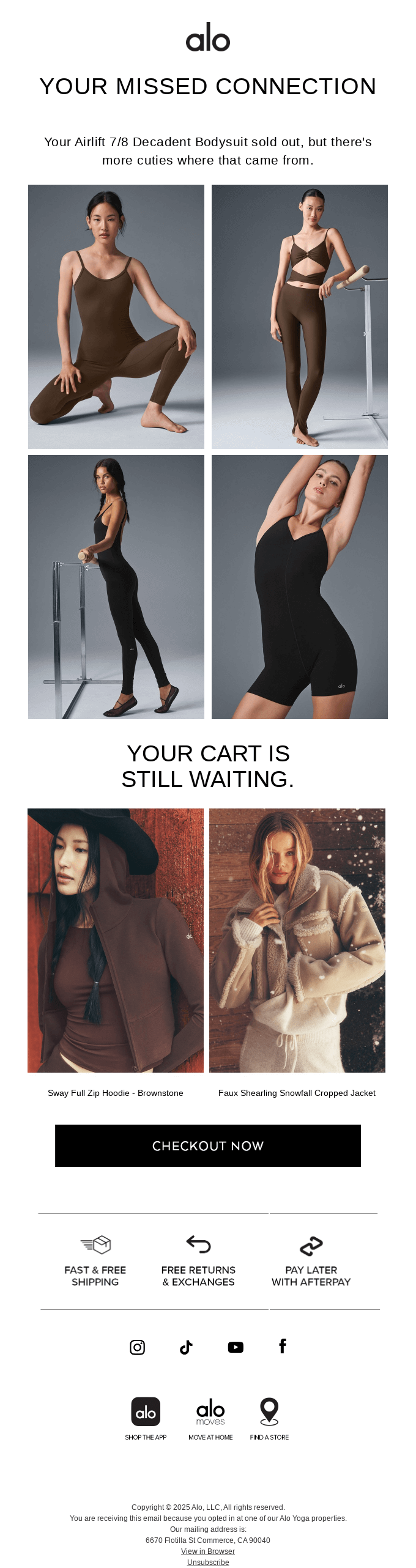AI marketing statistics 2025: Four women modeling brown activewear and a hooded jacket. The main section shows yoga poses in fitted bodysuits. Bottom section displays two women in cozy hoodies with checkout text and shopping icons below.