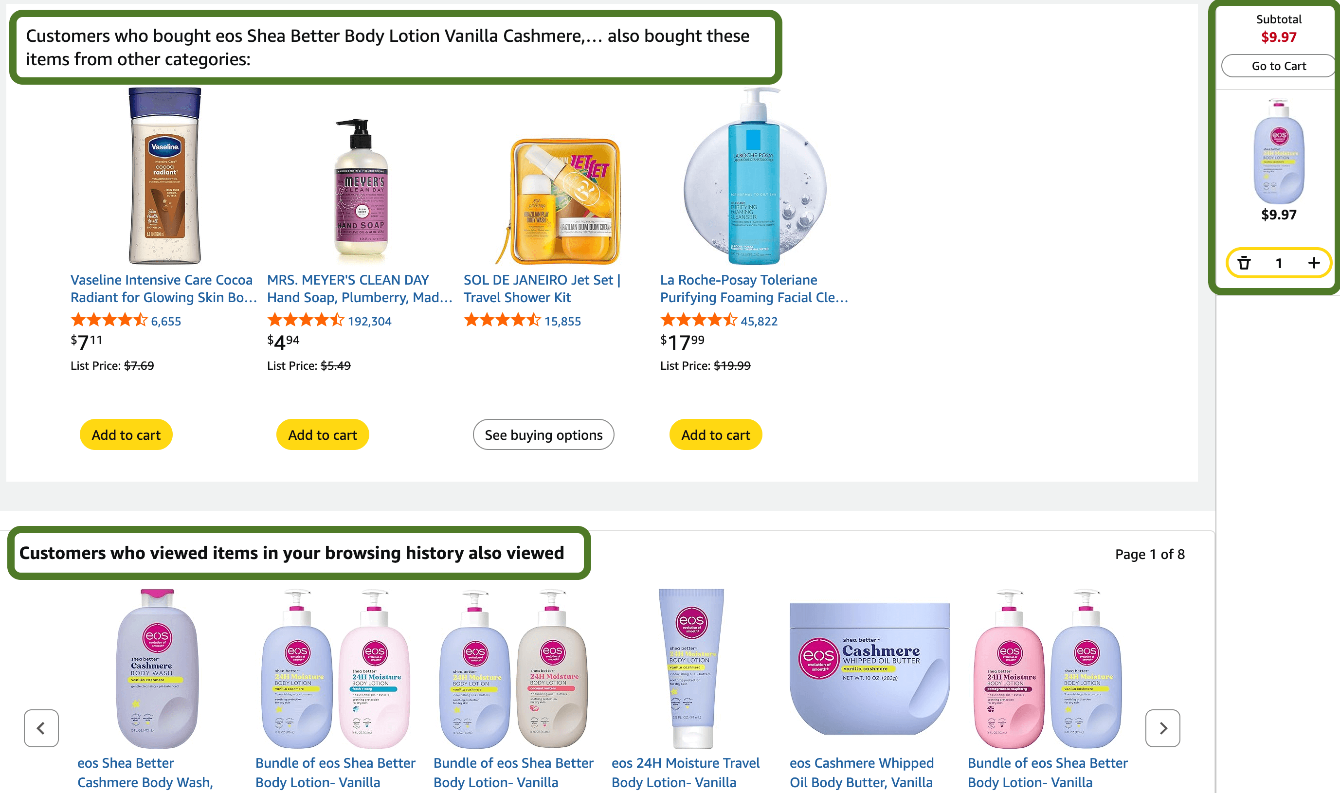 AI marketing statistics 2025: Screenshot of an Amazon page showing Shea Better Body Lotion Vanilla Cashmere, with suggested related products above and a row of similar lotions below, all highlighted by green boxes.