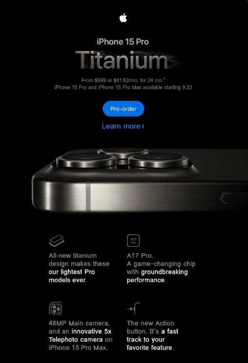 Marketing campaigns: Apple iPhone 15 Pro ad shows a close-up of the phone in titanium with bold text highlighting features: lightest Pro models, A17 Pro chip, 48MP main camera, 5x telephoto, and the new Action button. Pre-order button visible.