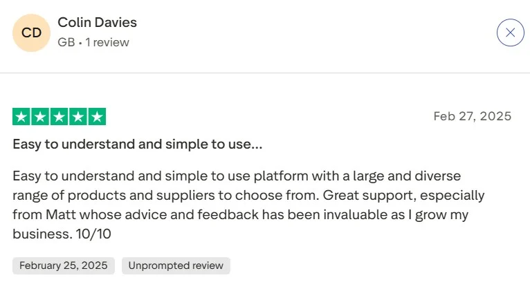 Amazon dropshipping suppliers: A five-star review by Colin Davies praising an easy-to-use platform with many products and suppliers. He commends Matt for helpful advice aiding his business. The review is dated February 27, 2025.