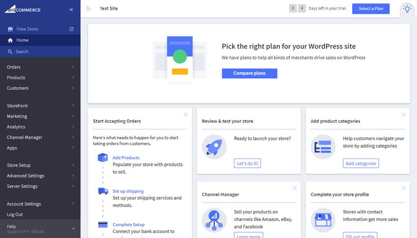BigCommerce dropshipping: A dashboard interface for an eCommerce platform showing a menu on the left and options to set up a WordPress store, add products, review the store, and configure store profiles in the main area.