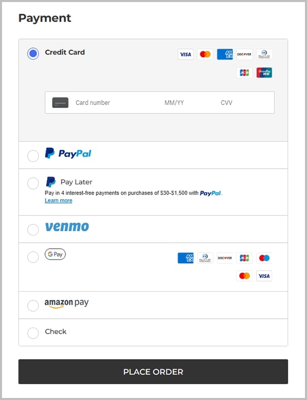 BigCommerce dropshipping: Checkout payment options form showing choices for credit card, PayPal, Pay Later, Venmo, Amazon Pay, and check, with fields for card details and a “Place Order” button at the bottom.