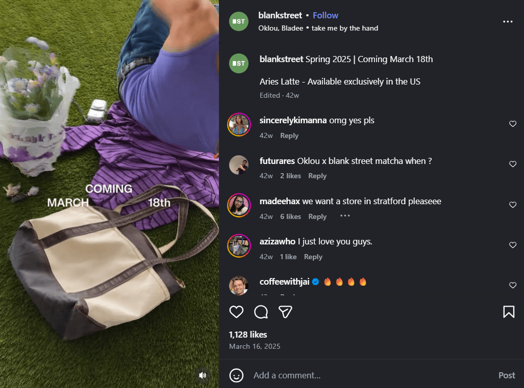 Marketing campaigns: A person sits on grass next to a bouquet of flowers, a black-and-beige tote bag, and a purple scarf. White text on the image reads COMING MARCH 18th.