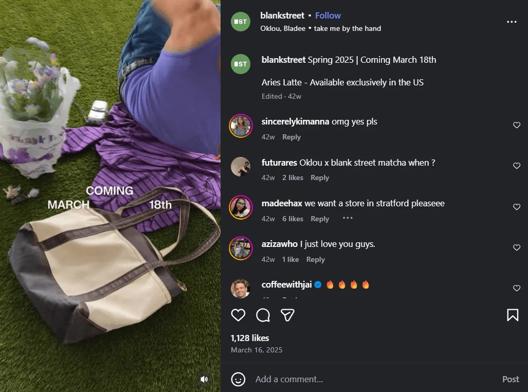 Marketing campaigns: A person sits on grass next to a bouquet of flowers, a black-and-beige tote bag, and a purple scarf. White text on the image reads COMING MARCH 18th.