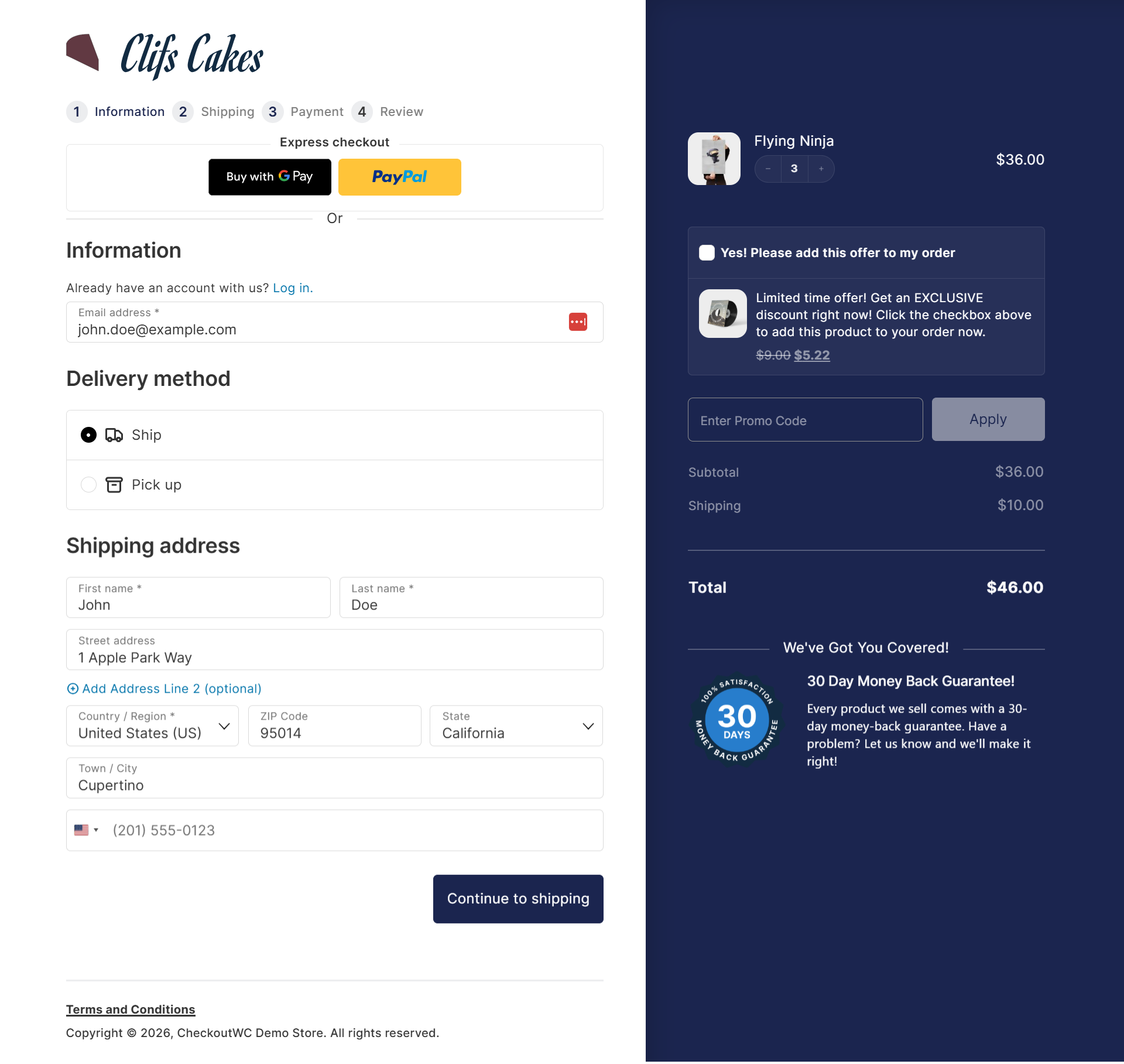 WooCommerce checkout plugins: Screenshot of an online checkout page for “Clif’s Cakes” showing payment options, shipping address form, delivery method, order summary, a promo code field, and a 30-day money-back guarantee badge.