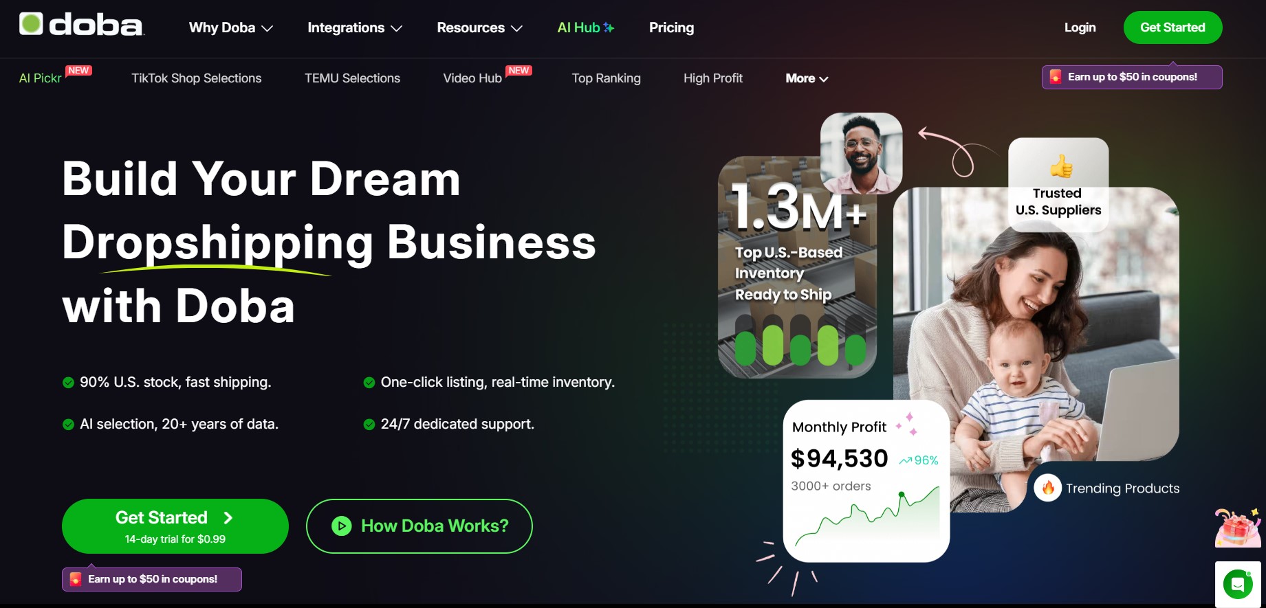 Amazon dropshipping suppliers: Doba home page