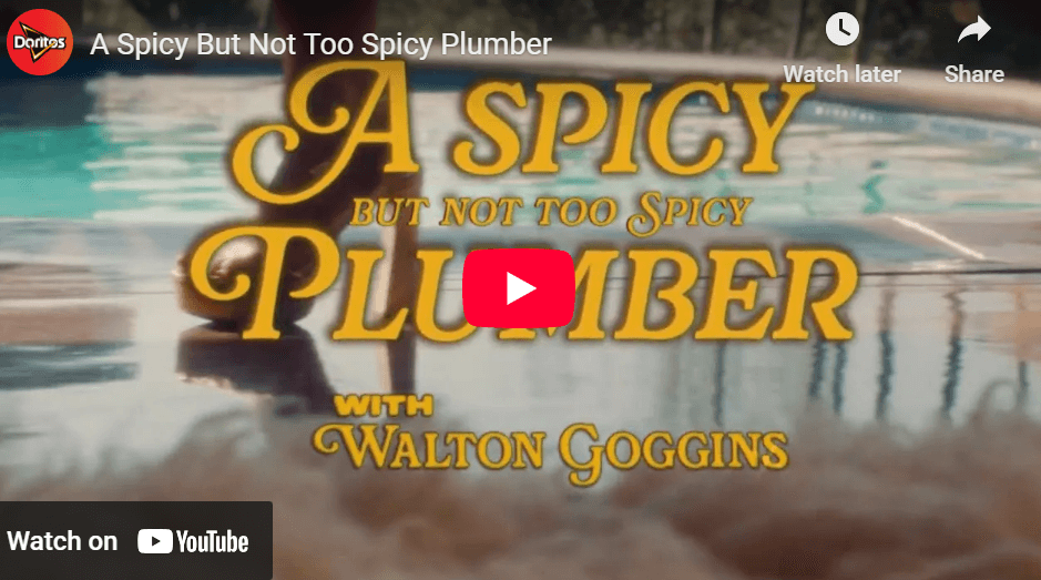 Marketing campaigns: Title card reading “A Spicy But Not Too Spicy Plumber with Walton Goggins” over a blurred background of a person by a swimming pool.