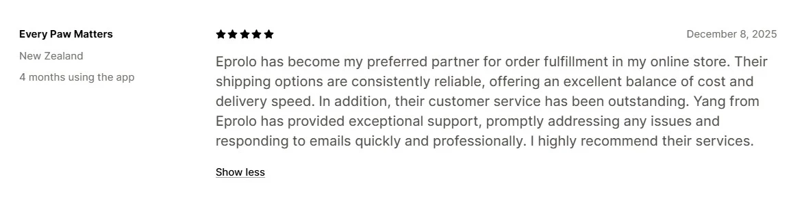 Amazon dropshipping suppliers: A five-star review praises Eprolo’s reliable shipping, reasonable costs, fast delivery, and outstanding customer service, mentioning Yang Fan for exceptional support. The reviewer highly recommends Eprolo.