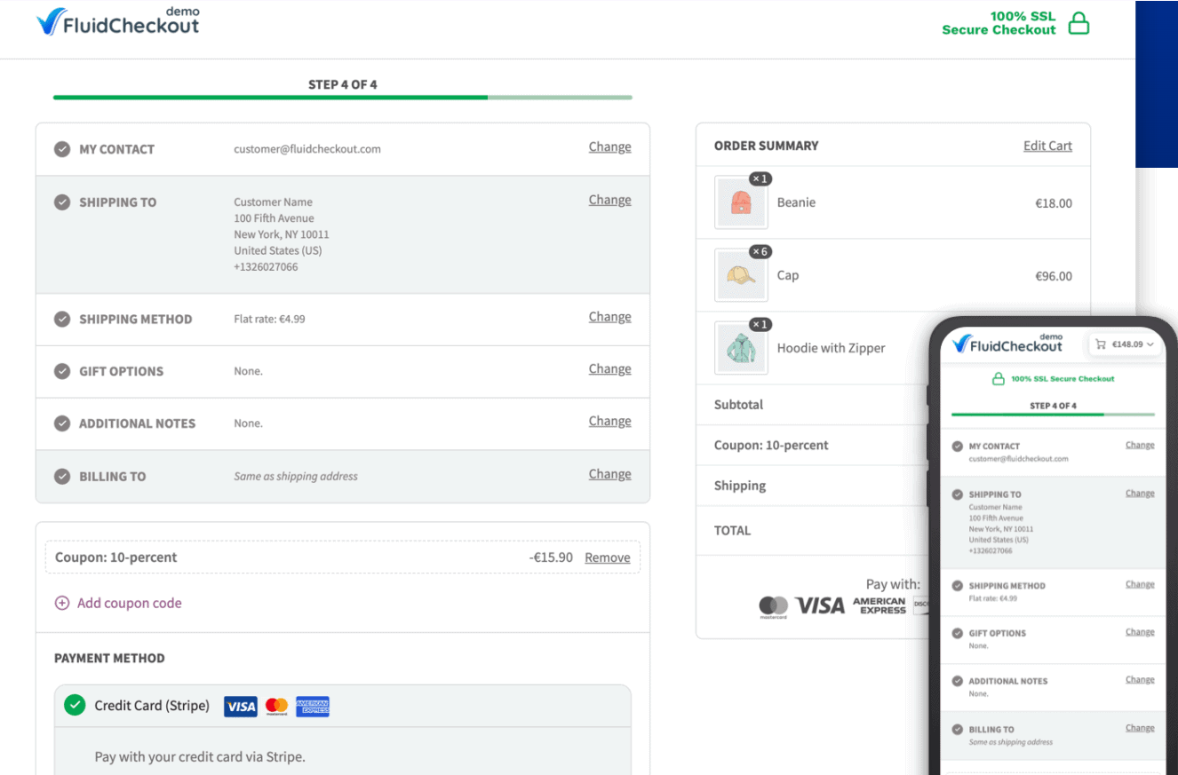 WooCommerce checkout plugins: A desktop and mobile view of an online checkout page showing order summary, contact and shipping info, payment method, coupon input, and payment options with Visa and Mastercard logos.