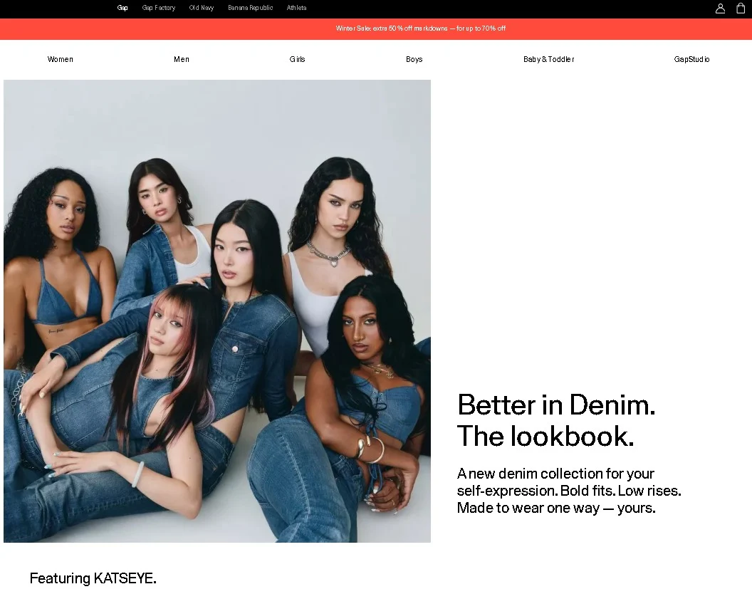 Marketing campaigns: Six women pose together wearing various denim outfits against a plain white background. Text beside them reads: Better in Denim. The lookbook. A new denim collection for your self-expression. Bold fits. Low rises. Made to wear one way—yours.