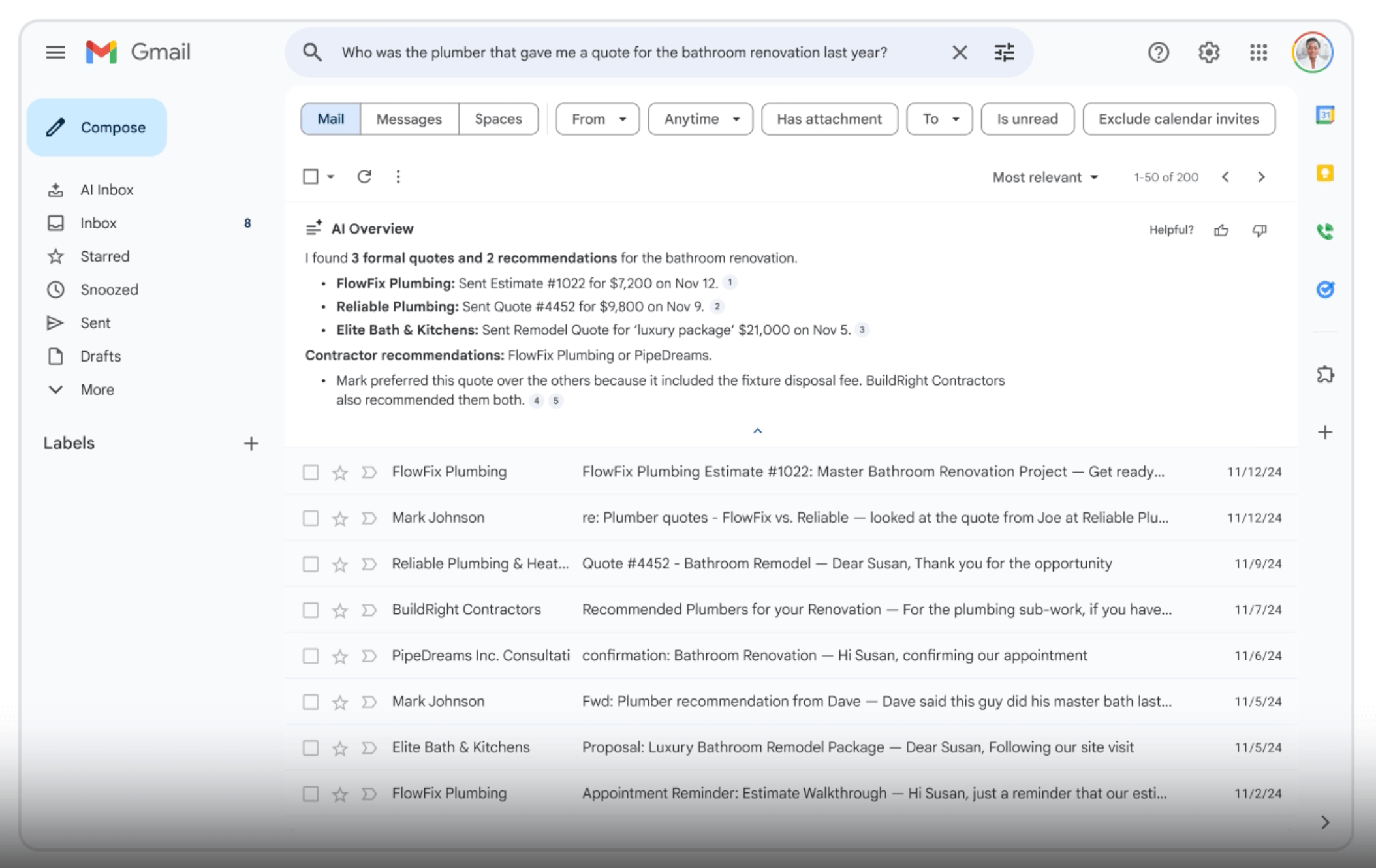 Gmail and Gemini era: A Gmail inbox is open on a desktop computer. The search bar at the top reads, “Who was the plumber that gave me a quote for the bathroom renovation last year?” Several email results related to plumbing estimates are displayed.