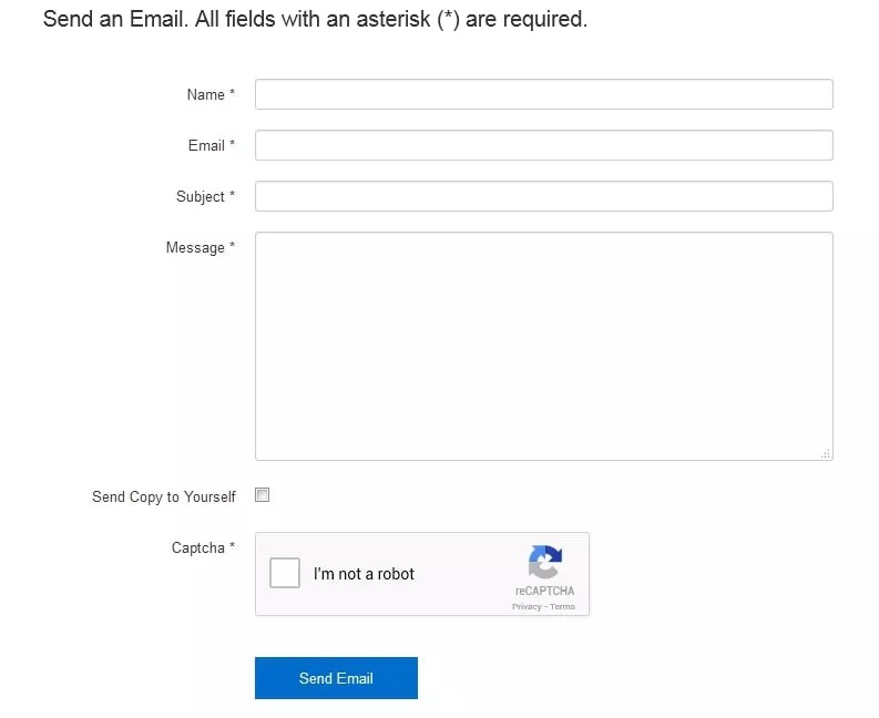 How to create a contact form in WordPress: A contact form with fields for Name, Email, Subject, and Message, a checkbox to send a copy to yourself, a CAPTCHA checkbox, and a blue Send Email button at the bottom.