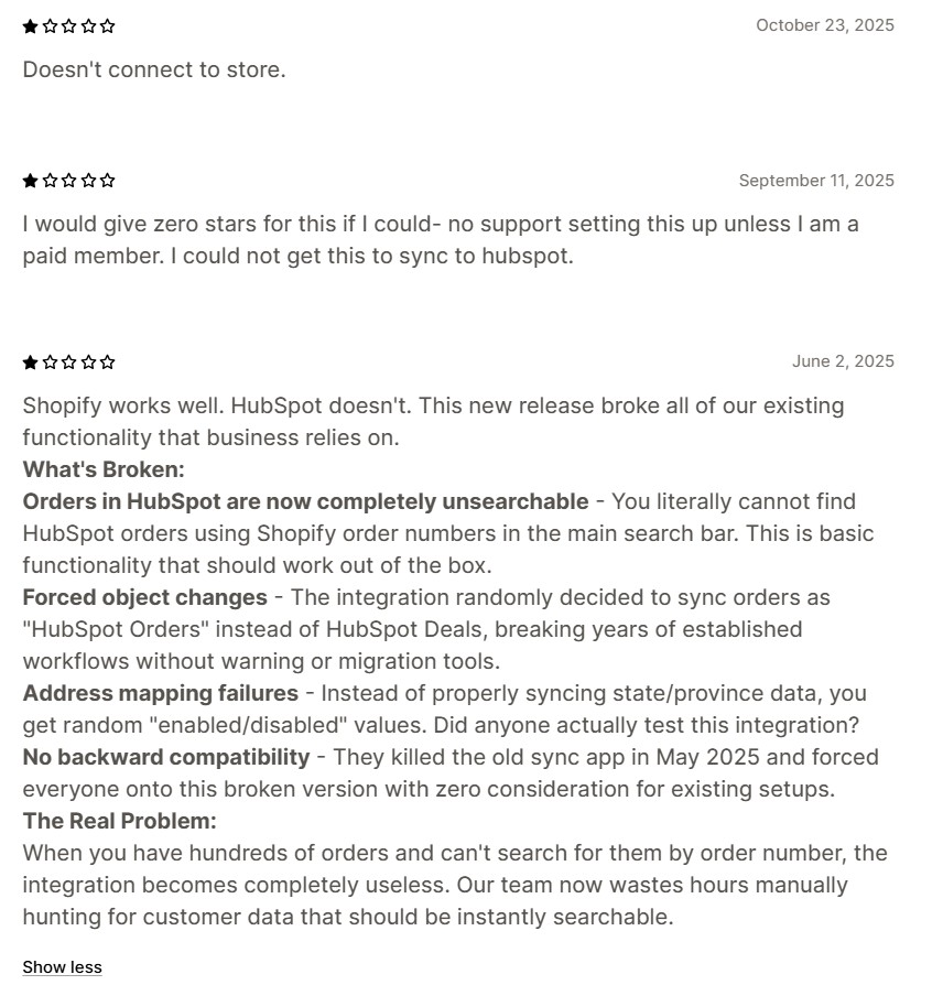 A screenshot of user reviews with one or two-star ratings, criticizing software integration issues, lack of support, missing features, forced updates, and declined functionality after new releases. Dates range from 2023 to 2025.