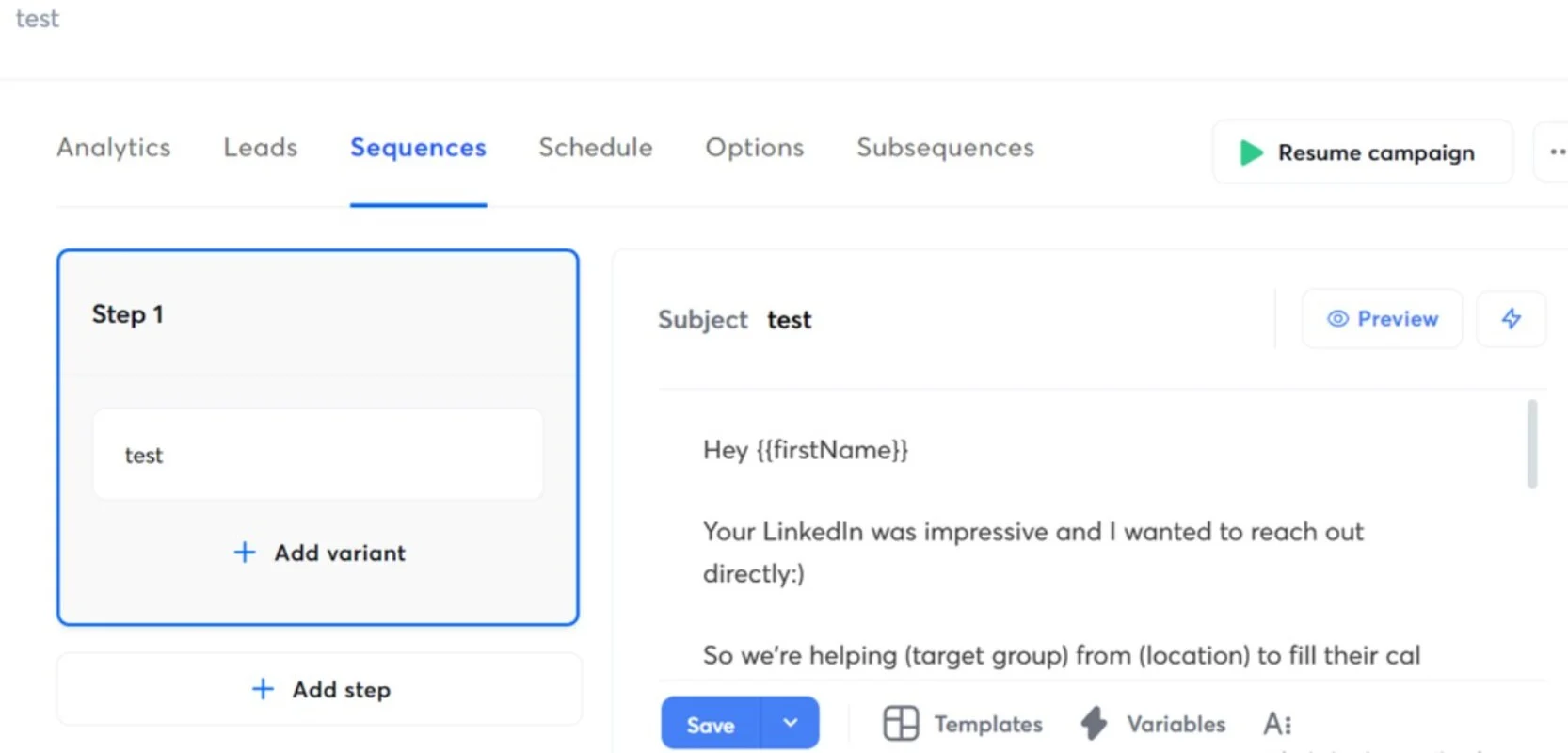Ecommerce CRM: A screenshot of an email campaign tool shows the Sequences tab. Step 1 is selected, with the subject test and a message template that includes placeholders for personalized variables.