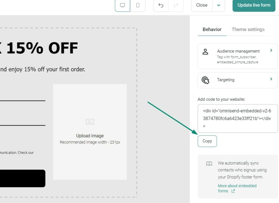 How to create a contact form in WordPress: A website interface showing a discount offer and an area to upload an image. On the right, there’s a section with a code snippet and a green arrow pointing to a Copy button for the code.