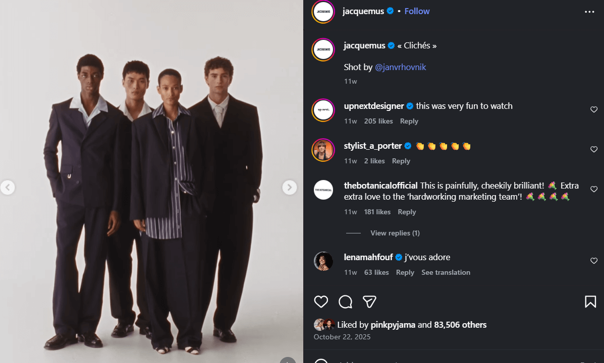 Marketing campaigns: Four men stand side by side against a plain background, modeling stylish suits and outerwear in neutral colors. They face the camera with serious expressions, featured on an Instagram post with comments and likes visible.