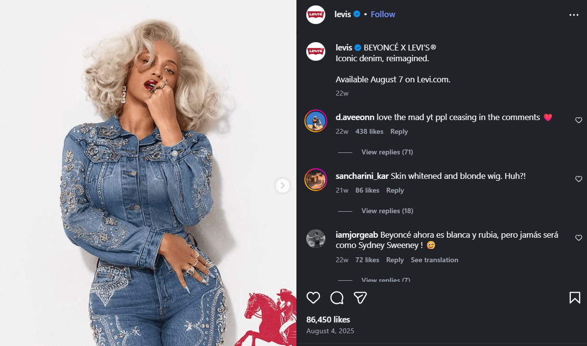 Marketing campaigns: Beyoncé poses in a fitted, light-wash denim jumpsuit with elaborate embroidered designs, sporting voluminous platinum blonde hair, in a promotional image for Levi’s. The Levi’s and Instagram interface are visible.