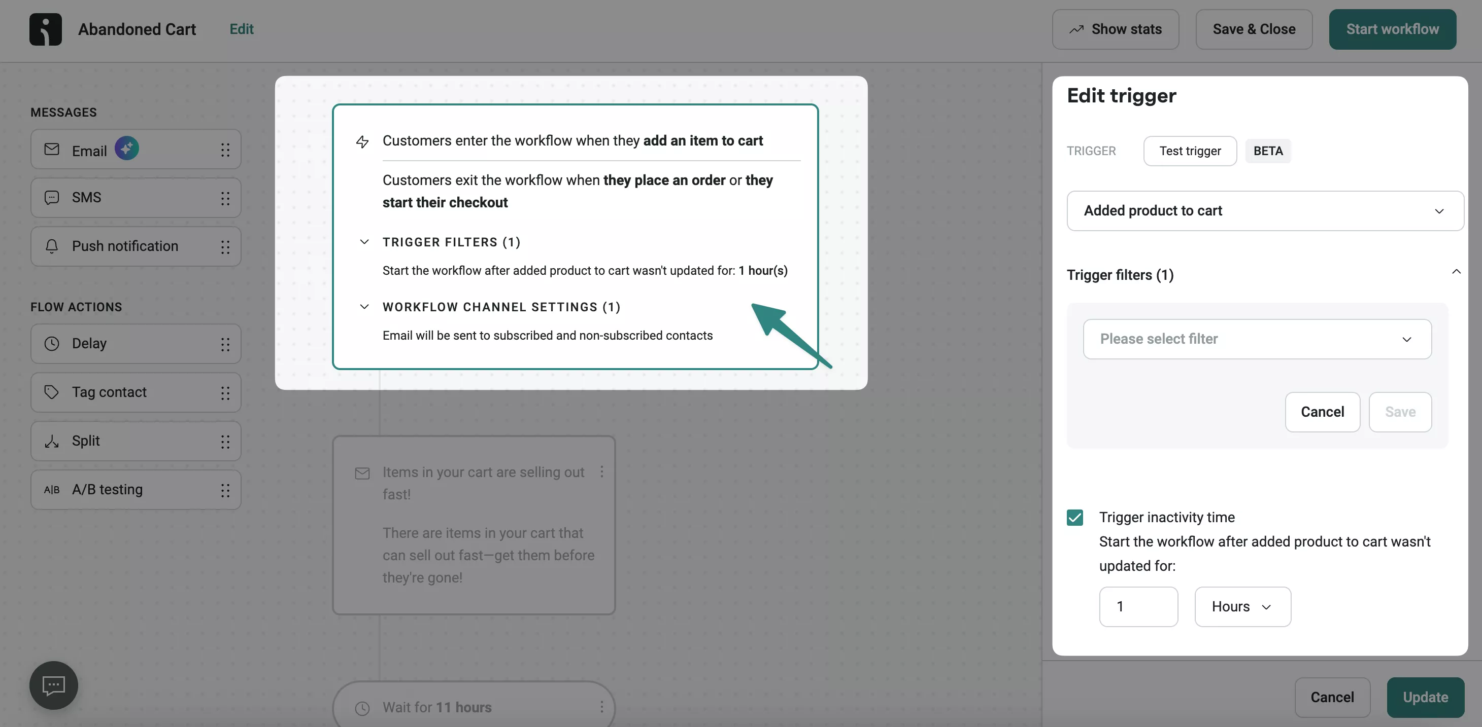 Marketing campaigns: Screenshot of an email automation workflow setup page showing trigger settings for an abandoned cart. A pop-up on the right lets users select product filters and set trigger inactivity time, with options for hours and workflow status.