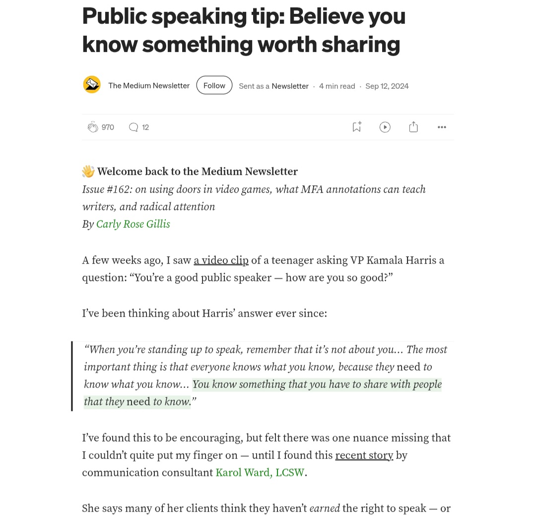 Email warmup: Screenshot of a Medium Newsletter article titled Public speaking tip: Believe you know something worth sharing with highlighted text about the importance of sharing unique knowledge when speaking.
