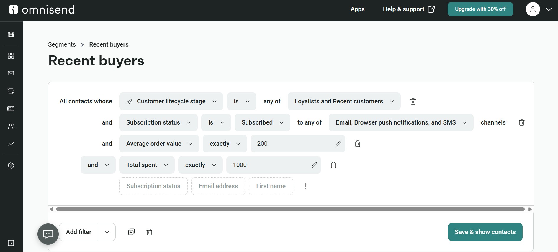 Data-driven email marketing: A dashboard in Omnisend shows filters set to segment “Recent buyers” based on customer lifecycle stage, subscription status, order value, and total spent. Buttons for saving contacts and adding filters are visible.