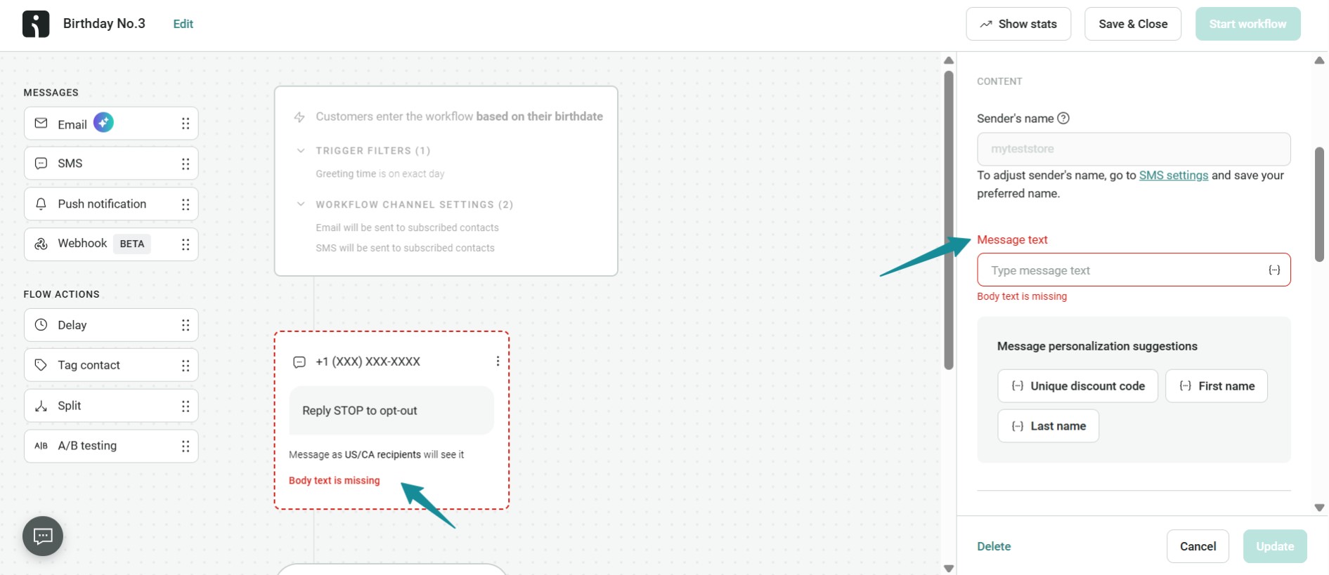 Digital marketing statistics: A workflow editor interface shows an SMS action with a warning stating Body text is missing. An arrow points to the “Message text” field on the right, which is empty and highlighted with a red border.